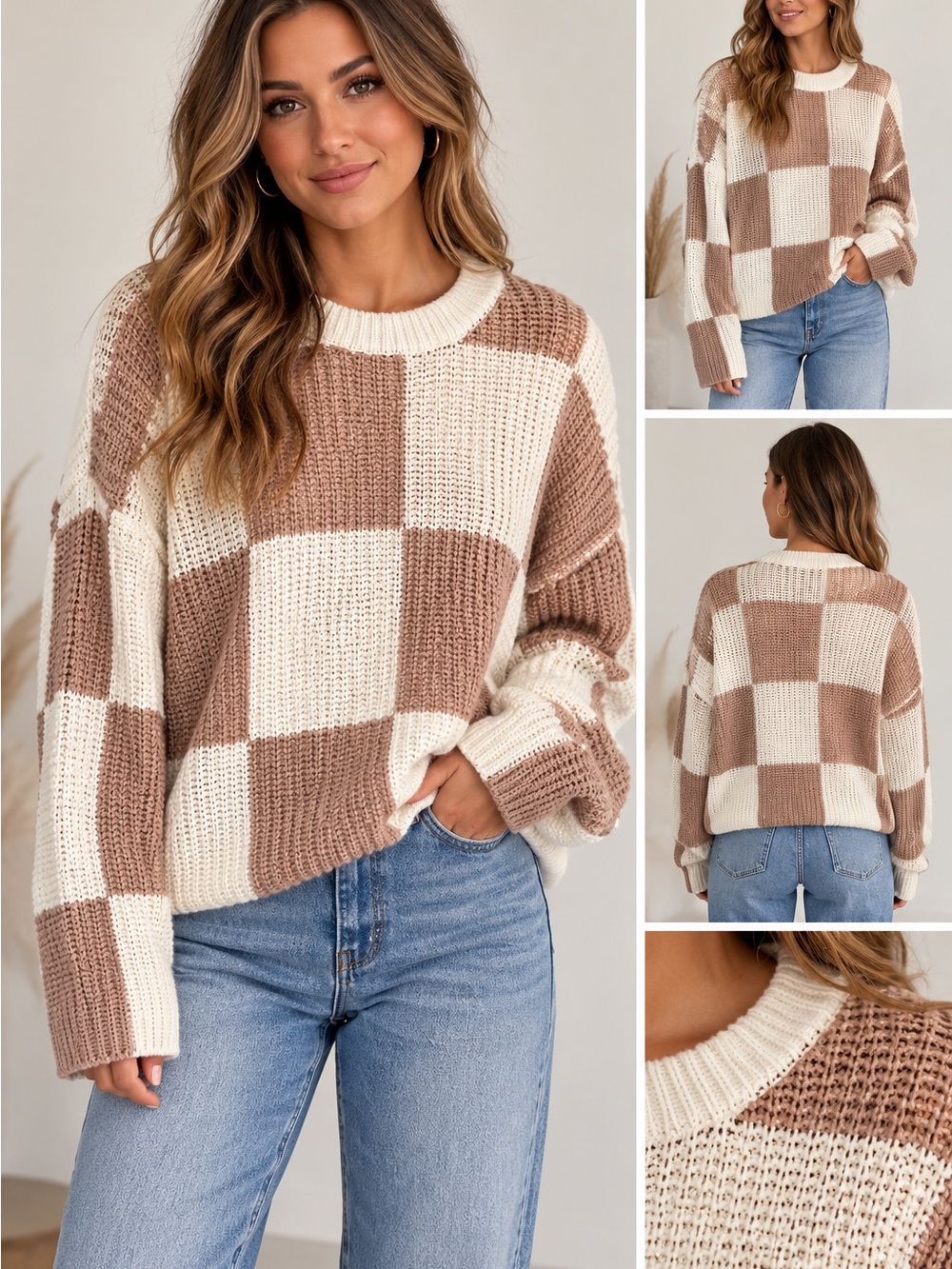 Sincerely Jules Chunky Checkered Knit Sweater Cream Tan Size Medium